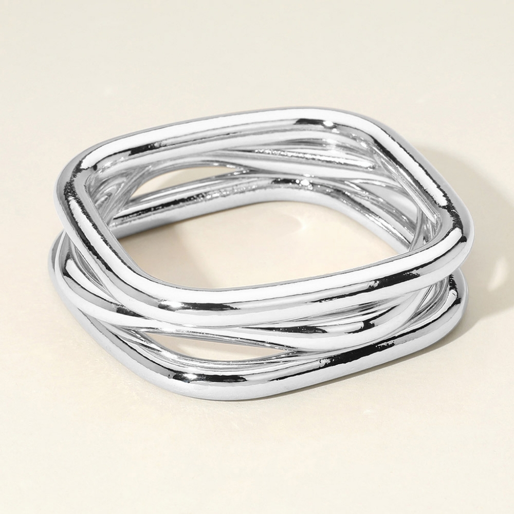 Silver 3 Piece Stack Square Metal Bangle Bracelets Set Layered Jewelry